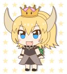  :d arms_at_sides arou_(pinkiepika) black_dress blonde_hair blue_eyes blush_stickers bowsette bracelet chibi collar commentary_request crown dress eyebrows_visible_through_hair fang full_body highres horns jewelry kemono_friends kemono_friends_pavilion long_hair looking_at_viewer mario_(series) new_super_mario_bros._u_deluxe open_mouth parody ponytail smile solo spiked_armlet spiked_bracelet spiked_collar spiked_shell spikes star starry_background style_parody super_crown turtle_shell 