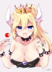  :o bare_shoulders blonde_hair blue_eyes blush bowsette bracelet breasts cleavage collar collarbone commentary_request cropped_torso crown earrings eyebrows_visible_through_hair fingernails fire grey_background hair_between_eyes hands_up himarisu_(hida_mari) jewelry large_breasts long_fingernails long_hair looking_at_viewer mario_(series) nail_polish new_super_mario_bros._u_deluxe open_mouth pink_nails pointy_ears shiny shiny_hair sidelocks signature simple_background solo spiked_armlet spiked_bracelet spiked_collar spikes strapless super_crown v-shaped_eyebrows 