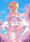  1girl 5555_96 absurdres ass azur_lane bangs bare_shoulders blonde_hair blue_eyes blue_sky blurry blurry_background blush braid commentary_request day dress from_behind highres leaning_forward looking_at_viewer looking_back motion_blur outdoors panties panties_under_pantyhose pantyhose parted_lips petals profile renown_(azur_lane) short_sleeves sidelocks sky solo sunlight thigh_gap thighband_pantyhose underwear upskirt white_dress white_legwear white_panties 