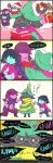 1boy 1girl 1other 4koma androgynous blue_skin bow christmas_ornaments comic deltarune english_text glasses green_hat hair_over_eyes hat highres ko-on_(ningen_zoo) kris_(deltarune) long_sleeves ralsei scarf shirt speech_bubble standing star susie_(deltarune) tinsel 