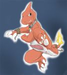  anus chain charem_(character) charmeleon claws collar fire grey_eyes grin looking_at_viewer male nintendo penis pok&#233;mon pokemon presenting reptile scalie simple_background solo spread_legs spreading tapering_penis teeth unknown_artist video_games 