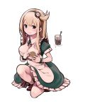  1girl ankle_socks bangs blonde_hair blush bow breasts cleavage coaster coffee coffee_cup copyright_request cup disposable_cup dress green_dress green_eyes hair_ornament hand_on_own_chest heart heart-shaped_pupils holding large_breasts lena_(zoal) long_hair looking_at_viewer maid_dress one_knee outline sabori saboten_store shoes simple_background smile solo stirrer symbol-shaped_pupils thighs white_background wrist_cuffs 