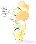  2018 animal_crossing anthro buckteeth butt canine clothed clothing digital_media_(artwork) dog eyes_closed female fur hi_res isabelle_(animal_crossing) mammal miniskirt nintendo open_mouth panties raised_skirt rear_view shih_tzu simple_background skirt smile solo standing teeth underwear vallycuts video_games white_background yellow_fur 