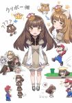  1boy 3girls ? anger_vein animal_ears bangs blonde_hair bloomers blunt_bangs blush bowsette breasts brown_hair cat_ears cat_goomba cnm directional_arrow dress dust_cloud eyebrows_visible_through_hair facial_hair fang_out fangs flying_sweatdrops goomba goomba_tower grass hand_on_another's_head highres horns jumping kemonomimi_mode long_hair looking_at_viewer luigi's_mansion mario mario_(series) mary_janes medium_breasts motion_lines multiple_girls multiple_views mustache new_super_mario_bros._u_deluxe nose_blush overalls paw_pose paw_print princess_king_boo puffy_short_sleeves puffy_sleeves purple_eyes shoes short_sleeves source_request spoken_anger_vein super_crown super_mario_3d_world underwear v-shaped_eyebrows warp_pipe waving_arm white_hair 