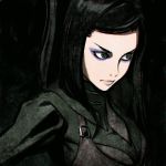  black_background black_eyes black_hair closed_mouth ergo_proxy eyeshadow face ilya_kuvshinov lips long_hair makeup re-l_mayer simple_background solo upper_body 