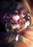  bang_dream! bangs black_cape black_hat black_pants black_ribbon bow bowtie brooch cape eyes_visible_through_hair flower formal hair_between_eyes hat hat_feather hat_flower hat_ribbon highres holding holding_mask jewelry long_sleeves looking_at_viewer mask mask_removed masquerade_mask nakamae_ayako pants ponytail purple_hair purple_neckwear red_eyes red_flower red_rose ribbon rose seta_kaoru sidelocks smile solo suit top_hat 