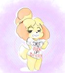  2018 animal_crossing anthro bedroom_eyes breasts buckteeth canine clothing digital_media_(artwork) dog english_text female fur half-closed_eyes hi_res isabelle_(animal_crossing) looking_at_viewer mammal middle_finger nintendo seductive shih_tzu shirt short_stack simple_background smile solo standing t-shirt teeth text thick_thighs vallycuts video_games yellow_fur 