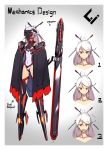  black_cape boots cape character_sheet closed_mouth covered_navel embarrassed expressions flying_sweatdrops frown gradient gradient_background grey_background hair_ornament hairpin legs_apart leotard looking_at_viewer mecha_musume navel open_mouth original pink_hair ponytail red_eyes sawawse solo standing visor_(armor) 