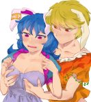  animal_ears bangs blonde_hair blue_hair blush breast_grab breasts bunny_ears chamaruku cleavage collarbone commentary_request floppy_ears grabbing long_hair looking_down medium_breasts multiple_girls open_mouth orange_shirt purple_eyes red_eyes ringo_(touhou) seiran_(touhou) shirt short_hair short_sleeves sketch sweat touhou upper_body white_background yuri 