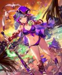  animal bare_shoulders baseball baseball_bat baseball_cap beach bikini bird blue_eyes blurry blurry_foreground boots bracer braid breasts cape character_request cleavage closed_mouth cloud cloudy_sky depth_of_field dutch_angle fire gauntlets grey_hair hair_between_eyes hand_up hat hermit_crab highres holding large_breasts lee_hyeseung long_hair looking_at_viewer mouth_hold navel ocean official_art orange_sky outdoors oversized_animal purple_bikini purple_hat sand seagull shingeki_no_bahamut side-tie_bikini sideways_hat single_braid sky solo standing summer sunset swimsuit very_long_hair watermark 