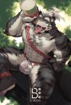  2018 5_fingers abs anthro balls beverage biceps black_fur bogexboog bulge chest_tuft claws clothed clothing countershade_arms countershade_face countershade_legs countershade_torso countershading drinking ear_piercing ear_tuft eye_scar facial_scar fangs feline fur glans grey_fur hair half-closed_eyes hi_res looking_at_viewer looking_up male mammal muscular muscular_male nipple_piercing nipples one_eye_closed open_mouth pawpads penis piercing pink_nipples pink_pawpads pink_tongue ponytail pubes scar signature sitting solo striped_fur stripes tiger tongue tongue_out topless translucent tuft underwear weapon wet wet_fur white_countershading white_fur white_hair yellow_eyes 