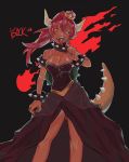  2018 bowsette bracelet breasts cleavage crown dark_skin dress fangs highres horns jewelry large_breasts lizard_tail mario_(series) new_super_mario_bros._u_deluxe ponytail red_eyes red_hair sharp_teeth shell signature spiked_bracelet spiked_shell spiked_tail spikes super_crown tail teeth vsock 