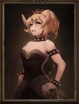  bare_shoulders blonde_hair bowsette bracelet breasts collar crown dress earrings fang fang_out frame horns jewelry large_breasts mario_(series) mike_nesbitt new_super_mario_bros._u_deluxe ponytail solo spiked_armlet spiked_bracelet spiked_collar spiked_shell spikes strapless strapless_dress super_crown thick_eyebrows tight_dress 