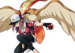  backpack bag baseball_cap beak bird black_gloves black_legwear breasts brown_hair choker claws collarbone commentary_request cropped_jacket doushimasho feathered_wings female_protagonist_(pokemon_go) fingerless_gloves gen_1_pokemon gloves hair_over_one_eye hat head_down holding holding_poke_ball jacket jumpsuit leggings long_hair outstretched_arm pidgeot poke_ball poke_ball_(generic) poke_ball_print pokemon pokemon_(creature) pokemon_go pokemon_on_shoulder ponytail red_choker red_jacket red_jumpsuit serious sidelocks simple_background small_breasts spread_wings squatting white_background wings zipper_pull_tab 