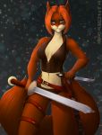 2018 5_fingers anthro blue_eyes breasts brown_fur brown_hair clothed clothing digital_media_(artwork) female fur hair holding_object holding_weapon mammal midriff navel p-v-s rodent solo squirrel standing weapon 