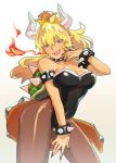  1girl back bare_shoulders black_leotard blonde_hair blue_eyes borrowed_character bowsette bracelet breasts cleavage collar collarbone crown curvy earrings eyebrows_visible_through_hair hips horns jewelry large_breasts legs leotard looking_at_viewer looking_back mario_(series) new_super_mario_bros._u_deluxe nintendo pointy_ears ponytail sharp_teeth smile solo spiked_anklet spiked_armlet spiked_bracelet spiked_collar spiked_shell spiked_tail spikes super_crown teeth thick_thighs thighs wide_hips 