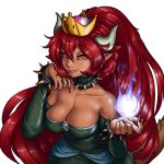  1girl aphexangel armlet artist_name blue_fire bowsette bracelet breasts brooch cleavage collar dark_skin dress fang fire fireball highres horns jewelry large_breasts long_nails mario_(series) new_super_mario_bros._u_deluxe nintendo pointy_ears red_eyes red_hair shiny shiny_hair slit_pupils smile solo spiked_bracelet spiked_collar spikes super_crown super_mario_bros. tail twitter_username 