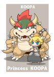  1girl blonde_hair blue_eyes bowser bowsette bracelet breasts character_name collar commentary_request crown dress dual_persona genderswap genderswap_(mtf) horns jewelry mario_(series) new_super_mario_bros._u_deluxe red_hair ringed_eyes sharp_teeth spiked_armlet spiked_bracelet spiked_collar spiked_shell spiked_tail spikes super_crown super_mario_bros. tail teeth turtle_shell zannen_na_hito 