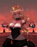 :d armlet bangs black_collar black_dress blonde_hair blue_eyes bowsette bracelet breasts cleavage collar collarbone crown dress earrings embers fire highres horns jewelry large_breasts long_hair looking_at_viewer mario_(series) new_super_mario_bros._u_deluxe open_mouth smile solo spiked_bracelet spiked_collar spikes super_crown super_mario_64 take_(trude1945oneetyan) turtle_shell 