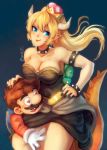  1girl armlet bare_shoulders black_dress blonde_hair blue_eyes bowsette bracelet breasts collar crown dress earrings facial_hair heart heart-shaped_pupils horns jewelry mario mario_(series) mustache new_super_mario_bros._u_deluxe overalls plumber pointy_ears ponytail spiked_bracelet spiked_collar spiked_shell spiked_tail spikes strapless strapless_dress super_crown symbol-shaped_pupils tail turtle_shell zkoyllar 