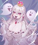  black_sclera boo breasts cleavage crown dress gloves hair_between_eyes highres long_hair looking_at_viewer luigi's_mansion mario_(series) new_super_mario_bros._u_deluxe open_mouth princess_king_boo red_eyes sharp_teeth super_crown teeth tongue tongue_out turkey_(weave7769) white_dress white_gloves 