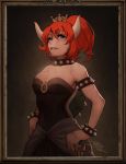  alternate_color bare_shoulders bowsette bracelet breasts collar crown dark_skin dress earrings fang fang_out frame horns jewelry large_breasts light_smile mario_(series) mike_nesbitt new_super_mario_bros._u_deluxe ponytail red_hair solo spiked_armlet spiked_bracelet spiked_collar spiked_shell spikes strapless strapless_dress super_crown thick_eyebrows tight_dress 