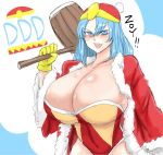  body_blush breasts character_name cleavage commentary_request fur_coat genderswap genderswap_(mtf) gloves hammer hat huge_breasts king_dedede kirby_(series) light_blue_eyes light_blue_hair long_hair looking_at_viewer open_mouth personification round_teeth shiny shiny_skin slit_pupils solo sweat taishoo teeth v-shaped_eyebrows 