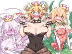  black_nails black_sclera blonde_hair blue_eyes blush bowsette bracelet breasts breathing_fire claw_pose cleavage collar collarbone commentary_request covered_navel covering_face crown earrings esoragoto eyebrows_visible_through_hair fire forked_eyebrows frills highres horns jewelry large_breasts long_hair looking_at_viewer luigi's_mansion mario_(series) multiple_girls nail_polish navel new_super_mario_bros._u_deluxe nose_blush orange_eyes peeking_through_fingers pink_eyes piranha_plant plant plant_girl pointy_ears polka_dot princess_king_boo puffy_short_sleeves puffy_sleeves sharp_teeth short_hair short_sleeves spiked_armlet spiked_bracelet spiked_collar spikes super_crown teeth thorns v-shaped_eyebrows vines white_hair 