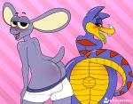  2018 anthro backsack balls big_ears blush boxers_(clothing) butt clothing dinosaur fangs horn invalid_tag kratts&#039;_creatures looking_at_viewer looking_back male nude open_mouth presenting purple_body reptile scalie sensit simple_background sweat tongue tongue_out ttark underwear whisperfoot zoboomafoo 