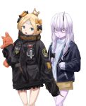 abigail_williams_(fate/grand_order) alternate_costume bangs black_bow black_jacket blonde_hair blue_eyes bow brown_shorts commentary_request cowboy_shot fate/grand_order fate_(series) hair_bow hair_bun head_tilt heroic_spirit_traveling_outfit horn jacket key lavinia_whateley_(fate/grand_order) long_hair long_sleeves looking_at_viewer multiple_girls object_hug open_clothes open_jacket open_mouth orange_bow parted_bangs parted_lips polka_dot polka_dot_bow red_eyes seisei_tamago shirt short_shorts shorts silver_hair simple_background sleeves_past_fingers sleeves_past_wrists standing star stuffed_animal stuffed_toy teddy_bear white_background white_shirt wide-eyed 
