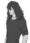  aizawa_shouta bandaged_arm bandages boku_no_hero_academia commentary english_commentary facial_hair greyscale kanapy long_hair looking_at_viewer male_focus monochrome shirt simple_background solo stubble upper_body white_background zzz 