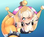  1boy blonde_hair blue_eyes blush bowser bowsette breasts collar crown eyebrows_visible_through_hair gradient gradient_background heart holding holding_crown horns large_breasts long_hair man0. mario_(series) new_super_mario_bros._u_deluxe nintendo one_eye_closed ponytail spiked_collar spikes super_crown sweat v 