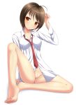  ahoge arm_up bangs bare_legs barefoot bottomless bow breasts brown_eyes brown_hair collared_shirt commentary_request eyebrows_visible_through_hair full_body head_tilt ki_(kk-sk-ray) long_sleeves medium_breasts necktie original pussy red_neckwear shirt sitting solo white_background white_shirt 