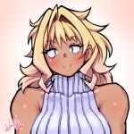  bare_shoulders blonde_hair blush breasts commentary_request dark_skin dated hori_shin long_hair looking_at_viewer michelle_(hori_shin) muscle muscular_female original ribbed_sweater signature sleeveless sleeveless_turtleneck smile solo sweater tan turtleneck 