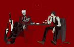  archer armor black_eyes blonde_hair crossed_legs dark_skin dark_skinned_male drink eating emiya_kiritsugu facial_hair fate/stay_night fate/zero fate_(series) food formal french_fries gun hamburger high_contrast highres holding holding_food kanshou_&amp;_bakuya loose_necktie male_focus multiple_boys mzet necktie short_hair sitting stubble suit sword thigh_strap translation_request tray weapon white_hair 