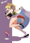  1girl absurdres ass bare_legs bare_shoulders black_leotard blonde_hair blue_eyes bowsette bracelet breasts chinese_commentary cleavage collar commentary_request crown expressive_clothes fang fingernails high_heels highres horns jewelry large_breasts leotard lifted_by_self long_fingernails long_hair mario mario_(series) microphone nail_polish new_super_mario_bros._u_deluxe open_mouth paper_mario pointy_ears ponytail shell shoe_dangle showgirl_skirt skirt skirt_lift spiked_armlet spiked_bracelet spiked_collar spikes super_crown tail tehepero v yunawcg001 