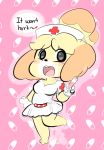  &lt;3 2018 alternate_costume animal_crossing anthro breasts buckteeth canine clothed clothing dialogue digital_media_(artwork) dog english_text female fur gloves hi_res isabelle_(animal_crossing) mammal nintendo nurse nurse_uniform open_mouth shih_tzu simple_background solo standing syringe teeth text uniform vallycuts video_games yellow_fur 