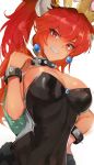  bowsette bracelet breasts cleavage clenched_teeth collar covered_navel crown dark_skin earrings from_below glint gradient_hair hand_on_hip highres horns jewelry large_breasts long_hair looking_at_viewer looking_down mario_(series) multicolored_hair navel new_super_mario_bros._u_deluxe orange_hair ormille parted_lips pointy_ears ponytail red_eyes red_hair shell shiny shiny_hair simple_background spiked_bracelet spiked_collar spiked_shell spikes strapless super_crown teeth upper_body white_background 