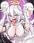  :d bangs blush boo breasts cleavage collarbone covered_nipples crown fangs gloves hair_between_eyes hands_up highres large_breasts long_hair long_tongue luigi's_mansion m3w3m mario_(series) new_super_mario_bros._u_deluxe open_mouth princess_king_boo smile solo super_crown super_mario_bros. tongue translation_request white_gloves white_hair 