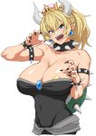  areola_slip areolae armlet bangs black_leotard black_nails blonde_hair blue_eyes bowsette bracelet breasts claw_pose cleavage collar crown earrings fingernails hair_between_eyes highres horns jewelry large_breasts leotard looking_at_viewer mario_(series) nail_polish nash_(na-si) new_super_mario_bros._u_deluxe open_mouth pasties pointy_ears ponytail sapphire_(stone) sharp_fingernails sharp_teeth short_pointy_ears spiked_bracelet spiked_collar spiked_shell spikes star_pasties strapless strapless_leotard super_crown teeth thick_eyebrows turtle_shell upper_body v-shaped_eyebrows white_background 