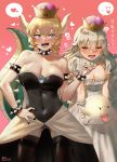  ass_visible_through_thighs blonde_hair blue_eyes blush boo bowsette bracelet breasts bsue cleavage collar crown dress fingernails heart highres horns jewelry large_breasts leotard long_hair luigi's_mansion mario_(series) multiple_girls new_super_mario_bros._u_deluxe pointy_ears princess_king_boo red_eyes sharp_fingernails sharp_teeth short_hair signature spiked_armlet spiked_bracelet spiked_collar spikes super_crown teeth translated white_hair 