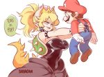  1girl armlet artist_name bare_shoulders black_dress blonde_hair blue_eyes bowsette bracelet breasts collar crown dress fangs gina_chacon horns jewelry lifting_person mario mario_(series) new_super_mario_bros._u_deluxe ponytail sharp_teeth spanish spiked_bracelet spiked_collar spiked_shell spiked_tail spikes super_crown tail teeth text_focus translated turtle_shell 