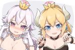  absurdres bangs black_dress black_nails blonde_hair blue_eyes blush bowsette bracelet breasts cleavage collar commentary_request crown dress earrings elbow_gloves eyebrows_visible_through_hair fingernails frilled_gloves frills gloves grey_background hair_between_eyes hands_up highres horns jewelry kiri_sakura large_breasts luigi's_mansion mario_(series) medium_breasts mini_crown multiple_girls nail_polish new_super_mario_bros._u_deluxe nose_blush pink_eyes pointy_ears princess_king_boo puffy_short_sleeves puffy_sleeves short_sleeves silver_hair spiked_bracelet spiked_collar spikes strapless strapless_dress super_crown two-tone_background white_background white_dress white_gloves 