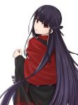  asagami_fujino bangs black_ribbon commentary dress elfenlied22 fate/grand_order fate_(series) hair_ribbon head_tilt highres japanese_clothes kara_no_kyoukai long_hair long_sleeves looking_at_viewer parted_lips purple_hair red_eyes ribbon simple_background smile solo standing teeth tied_hair very_long_hair white_background 