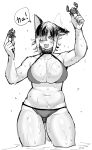  :3 animal_ears bare_shoulders bikini blush breasts cat_ears commentary_request crab ear_down ear_wiggle elf-san_wa_yaserarenai. fang greyscale hair_over_one_eye hand_up highres holding huge_breasts looking_at_viewer monochrome one_eye_covered raika_(elf-san_wa_yaserarenai) short_hair simple_background solo speech_bubble standing swimsuit synecdoche wet white_background 