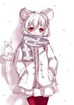  animal animal_ears casual coat cold commentary_request contemporary greyscale monochrome mouse mouse_ears mouse_tail nazrin pleated_skirt red_eyes red_legwear scarf short_hair skirt solo soubi spot_color tail thighhighs touhou white white_background winter_clothes 
