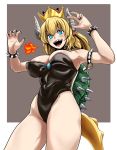  :d areola_slip areolae armpits bare_shoulders black_nails blonde_hair blue_eyes blush bowsette bracelet breasts claw_pose cleavage covered_navel covered_nipples crown highres horns jewelry large_breasts leotard long_hair looking_at_viewer mario_(series) nail_polish new_super_mario_bros._u_deluxe open_mouth pointy_ears ponytail sharp_teeth smile solo spiked_bracelet spikes super_crown tail teeth turtle_shell yaruku 