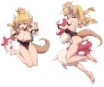  :p ass bare_legs barefoot blonde_hair blue_eyes blush bowsette bracelet breasts claw_pose cleavage collar crown earrings eyebrows_visible_through_hair fingers_together full_body highres horns jewelry large_breasts leotard long_hair mario_(series) muloli multiple_views mushroom new_super_mario_bros._u_deluxe own_hands_together pointy_ears ponytail profile sharp_teeth sidelocks simple_background spiked_armlet spiked_bracelet spiked_collar spikes super_crown tail teeth tongue tongue_out white_background 