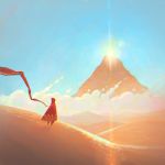  ambiguous_gender blue_sky day desert hood ilya_kuvshinov journey lens_flare mountain outdoors red_scarf robe sand scarf sky solo standing traveler 