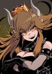  bare_shoulders black_gloves bowsette breast_hold breasts brown_background brown_hair character_name cleavage collar commentary_request crown earrings eyebrows gloves head_tilt horns jewelry long_hair mario_(series) medium_breasts new_super_mario_bros._u_deluxe orange_eyes pointy_ears sharp_teeth shiroton_(kazamineko) slit_pupils solo spiked_armlet spiked_collar spikes super_crown teeth twitter_username upper_body v-shaped_eyebrows 